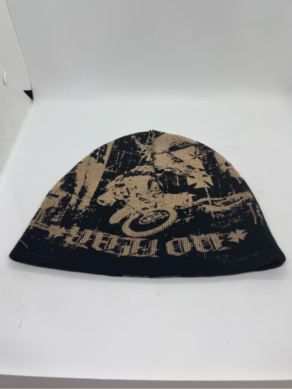 No Fear Graphic Knit Beanie Hat Black Tan Y2K Moto Skater One Size - Picture 5 of 8